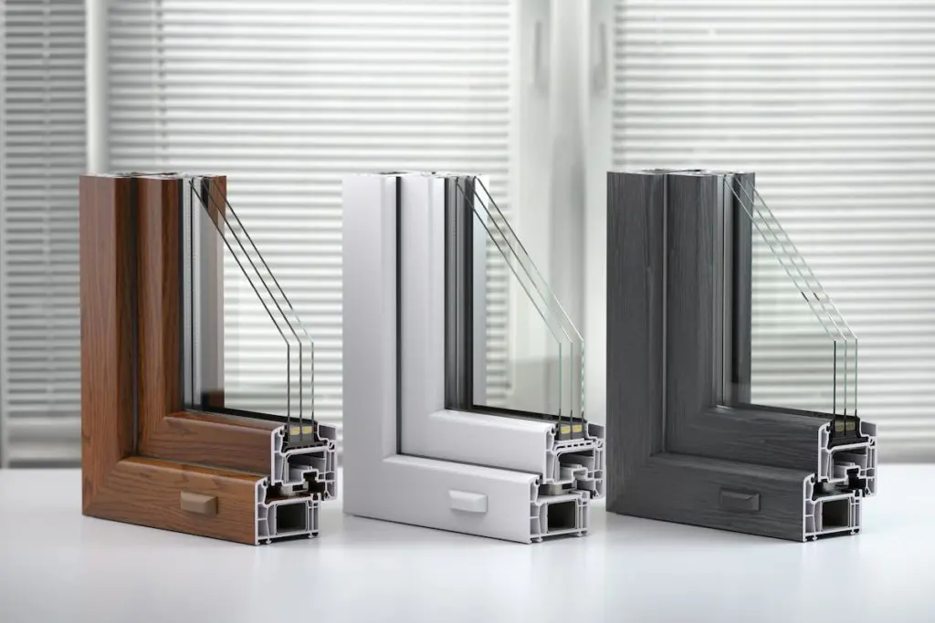 profils de menuiseries pvc en triple vitrage, avec plaxage bois, coloris blanc ou gris anthracite