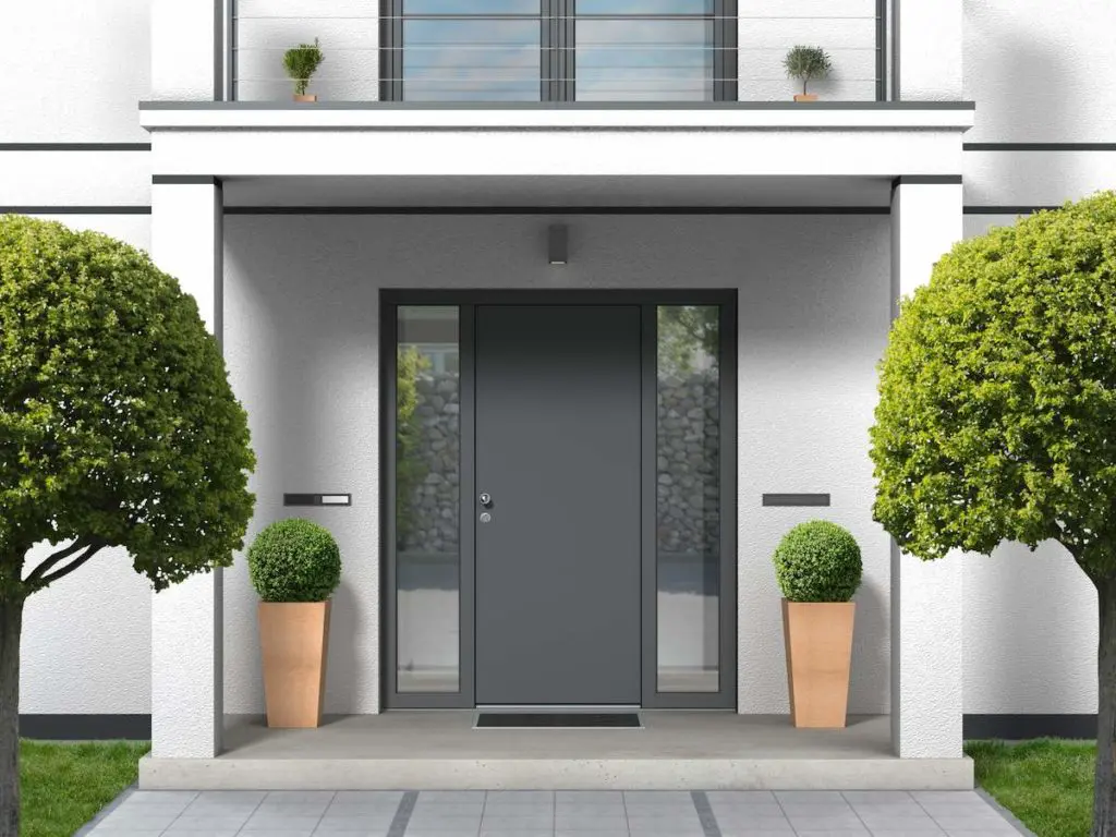 Porte d'entrée en aluminium grise RAL7016 avec tierces vitrées