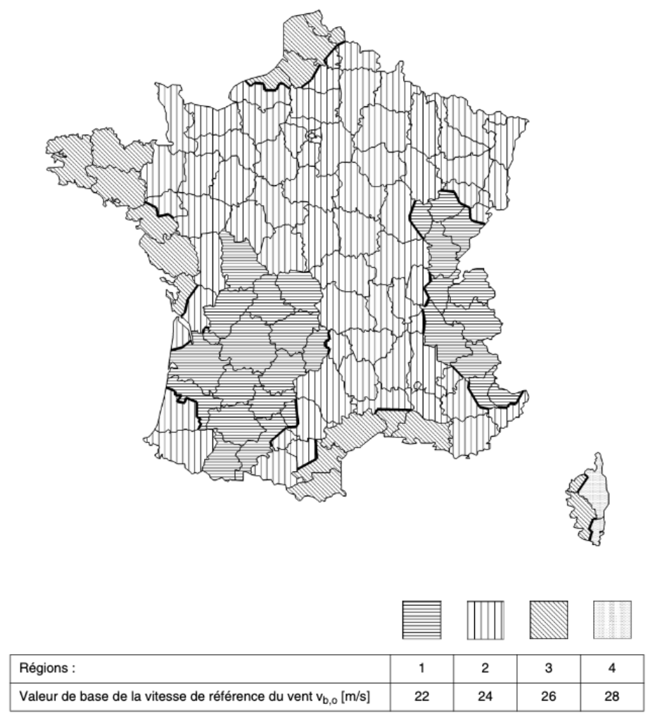 Vent : Carte de la valeur de base de la vitesse de référence en France